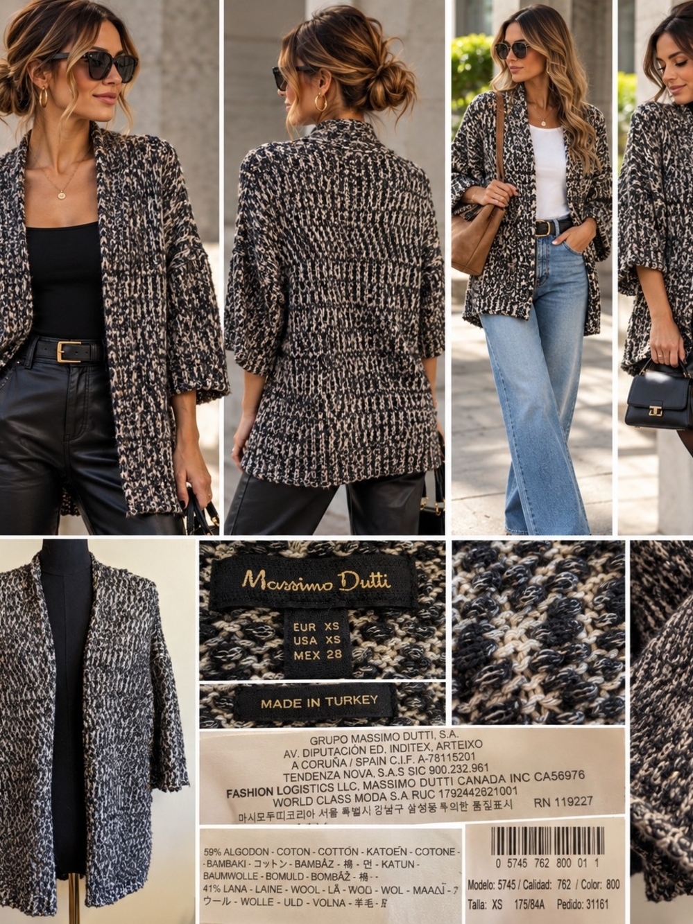 Massimo Dutti Wool Blend Marled Longline Open Front Cardigan XS